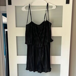 Lulu’s Fun Flirt Black Satin Plisse Sleeveless Romper